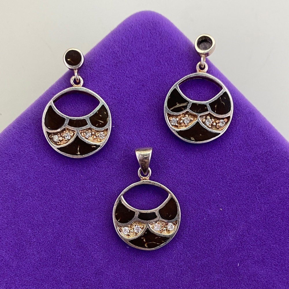 💛 Vintage Sterling Silver Natural Jet Wood & CZs Pendant & Earring Set